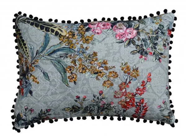 14 Green and Yellow Floral Handmade Cotton Blend Throw Pillow with Pom Poms for Stylish Decor