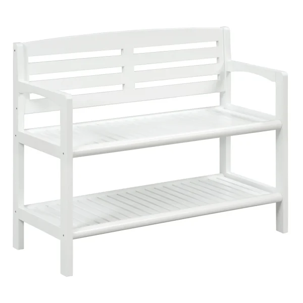 White Solid Wood Slat Bench with High Backrest & Storage Shelf - Modern Cottage Style Seating