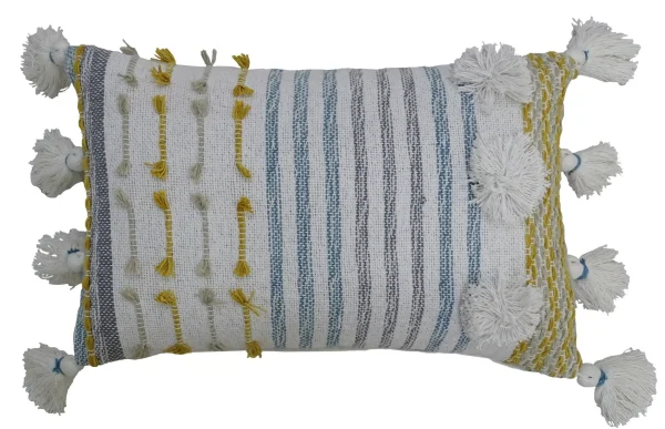 14 Blue and Yellow Striped Cotton Blend Zippered Pillow with Stylish Tassels for Home Decor