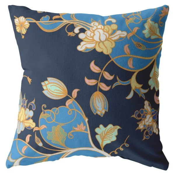 Navy Blue Garden Indoor Outdoor Throw Pillow with Gold Floral Accents for Elegant Decor