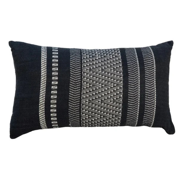 Damien Handwoven Cotton Blend Lumbar Pillow 14x24 - Modern Tribal Design in Black & Ivory Stitching
