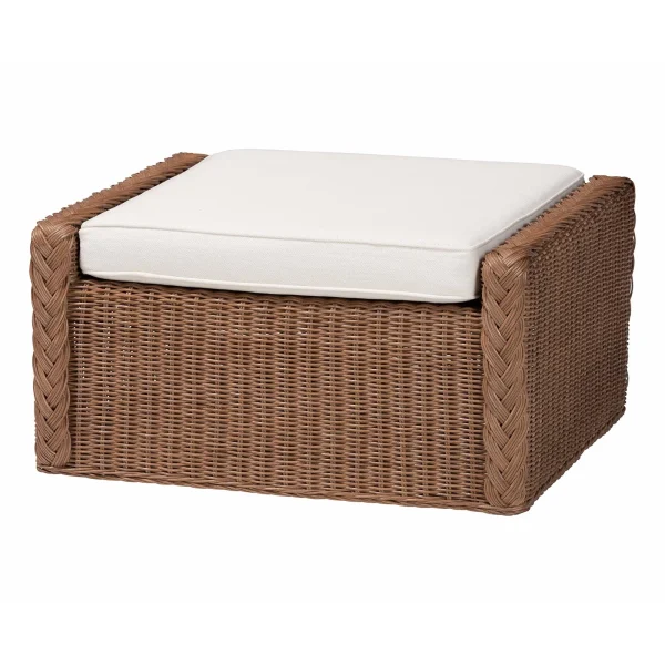 bali Derris Bohemian Rattan Footstool with Plush Cushion - Handcrafted Indonesian Elegance