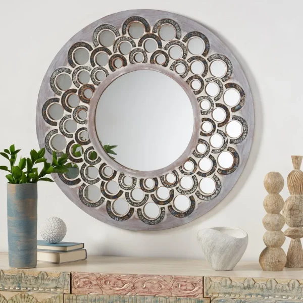 Christopher Knight Home® Poche White Wash Mirror - Elegant Circle Design, Mosaic Accents