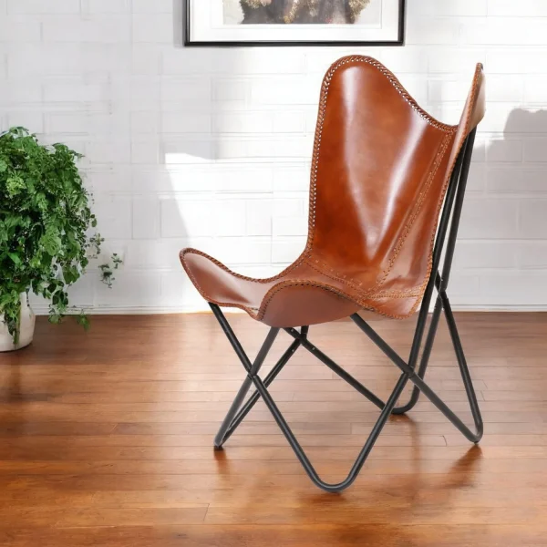 32 Brown and Black Genuine Leather Butterfly Chair - Stylish, Durable Seating for Any Space