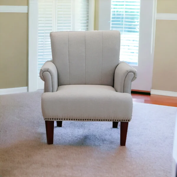 Stylish Light Gray and Brown Upholstered Arm Chair with Nailhead Trim for Elegant Spaces