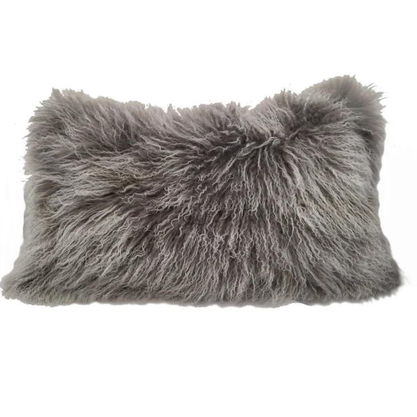 17 Grey Genuine Tibetan Lamb Fur Pillow – Luxurious Home Accent with Soft Microsuede Backing