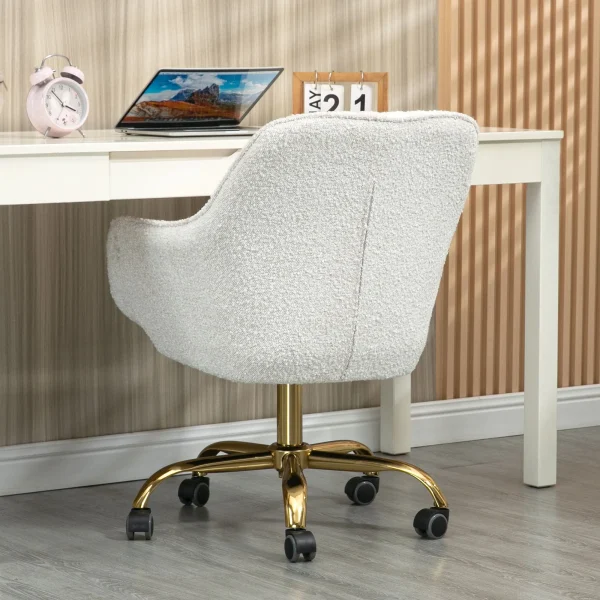 Beige Boucle Fabric Swivel Chair, High Back, Adjustable, Golden Base