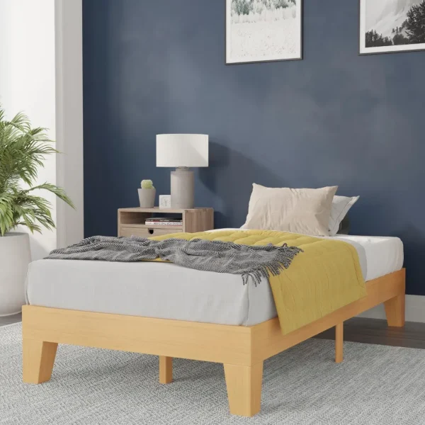 Platform Bed in Pine Finish, No Box Spring Required for Twins