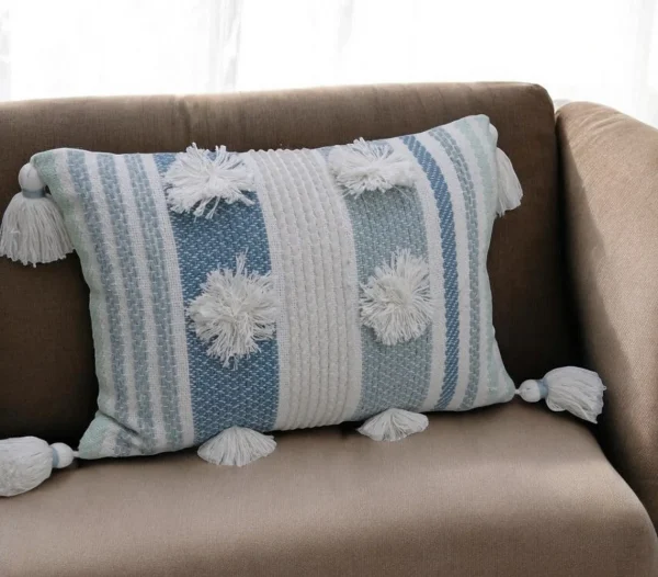 14 Cream and Blue Striped Cotton Blend Lumbar Pillow with Pom-Poms & Tassels for Cozy Decor