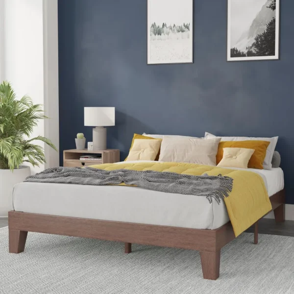 Walnut Finish Wood Queen Platform Bed, No Box Spring Required