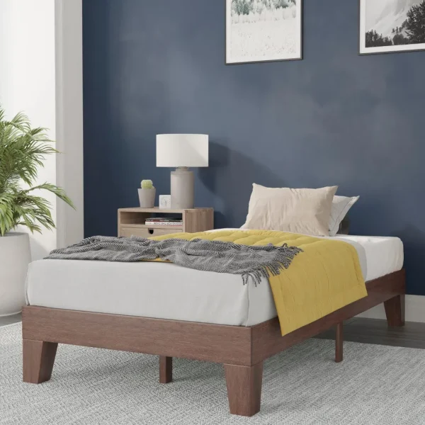 Twin Platform Bed in Walnut Finish, No Box Spring Needed, Easy Assembly