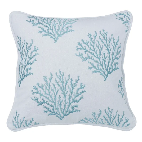 Aqua Embroidered Coral Pillow - Vibrant Coastal Accent for Stylish Home Decor and Comfort