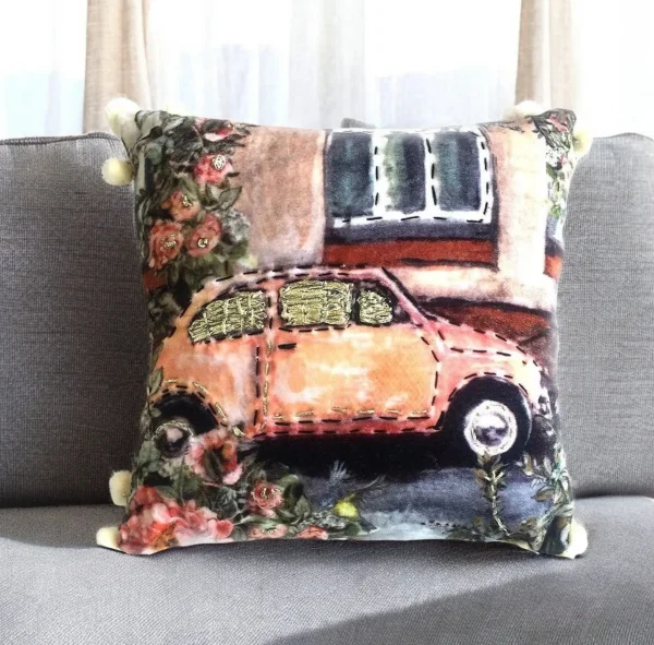 12 Pink and Green Floral Cotton Blend Throw Pillow with Pom-Poms - Soft, Textured Home Accent