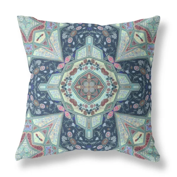 Aqua Blue Boho Pattern Throw Pillow – Luxurious Indoor Outdoor Accent for Stylish Comfort
