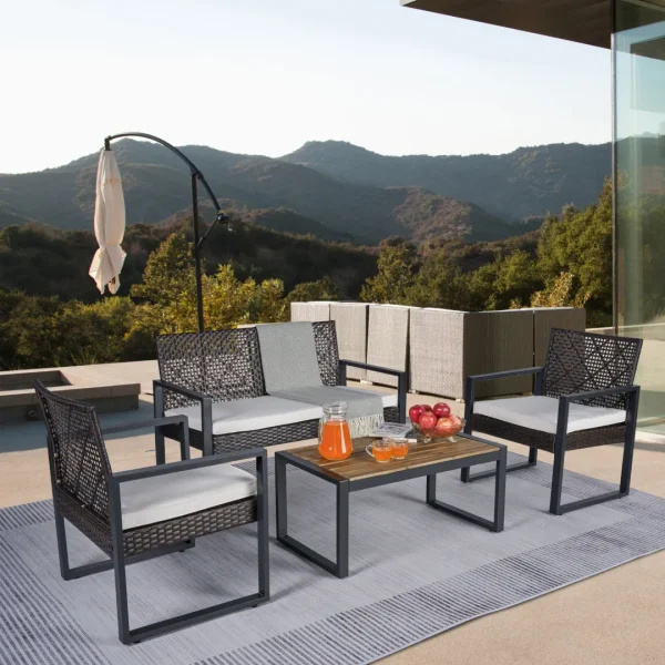 4-Piece Patio Furniture Set Outdoor Acacia Wood Table Top, Modern Brown & Beige Cushion
