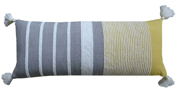 14 Chic Gray and Yellow Striped Handmade Cotton Blend Throw Pillow with Charming Tassels