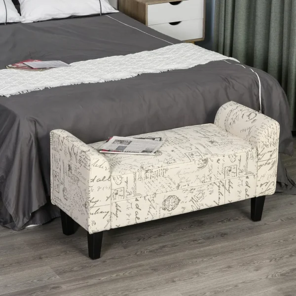 Homcom 41 Ottoman Bench, Modern Linen Armed Entryway Bench, Signature Print, Cream White