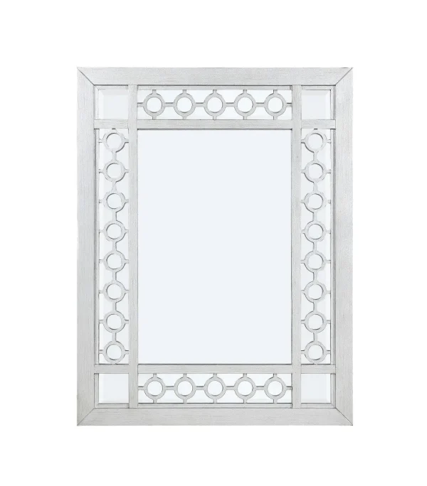 Varian Glam Vintage Mirror - Rectangular Beveled Edge with Geometric Trim, Antique White Finish