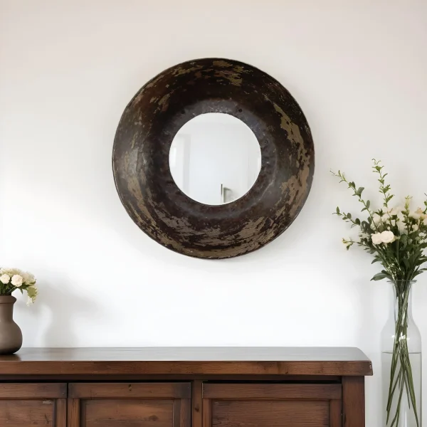 16 Rustic Dark Brown Reclaimed Metal Round Bowl Accent Mirror - Unique Decor for Any Space