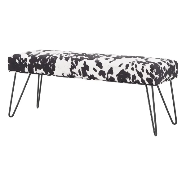 Chayce Plush Cowhide Print Bench with Black Metal Legs – Stylish Seating for Modern Living Spaces