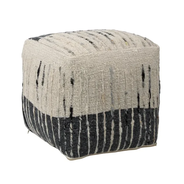 Karina Handwoven Wool Pouf in Elegant Ivory and Grey - Stylish, Cozy Seating for Any Space