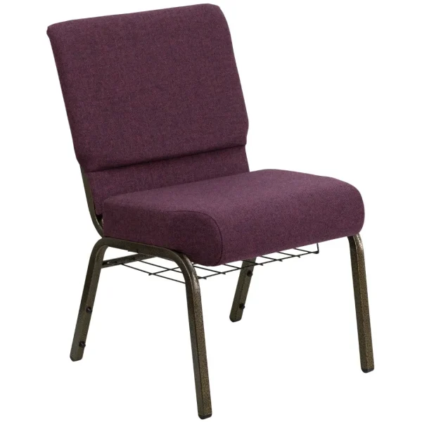 Plum Fabric Church Chair with Cup Book Rack - Gold Vein Frame, 800 lb. Capacity