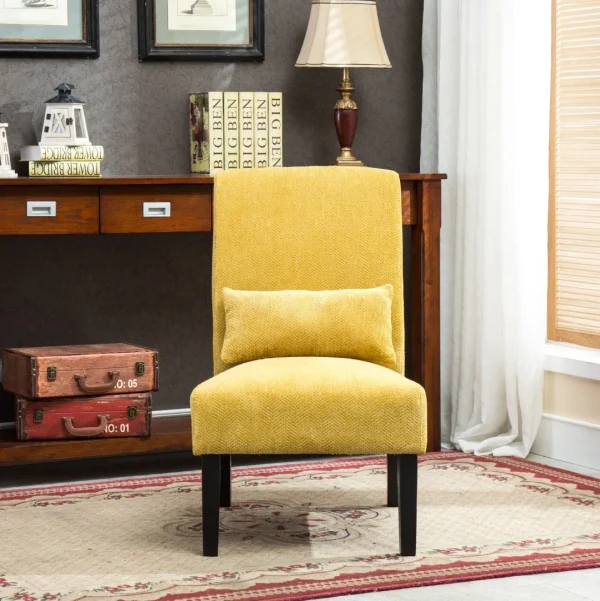 Yellow Chenille Armless Accent Chair with Pillow - Modern Design, Sturdy Wood Legs
