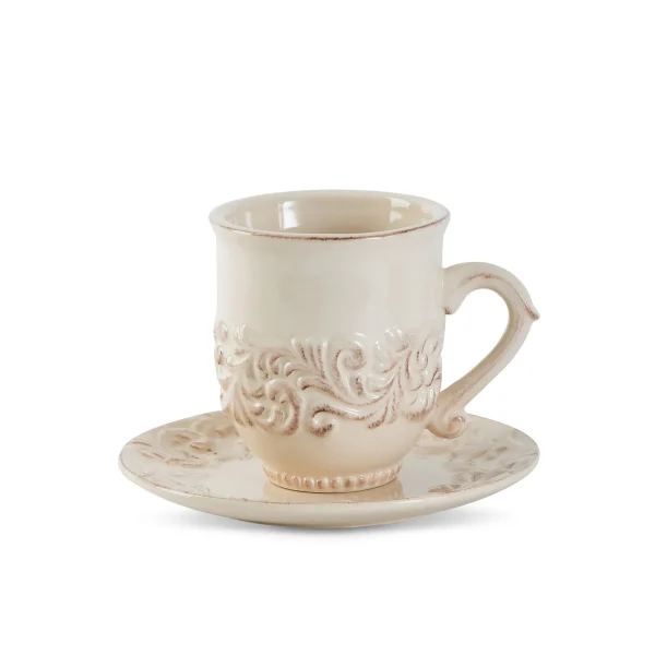 Acanthus Stoneware Cup and Saucer Set of 4 - Elegant Cream Finish for Tea and Coffee Lovers