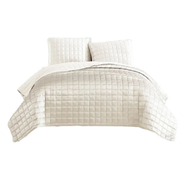 3 Piece King Size Coverlet Set with Stitched Square Pattern, Cream