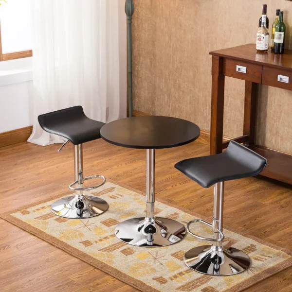 Black Adjustable Height Wood & Chrome Metal Bar Table + 2 Black Chrome Air Lift Swivel Stools Set