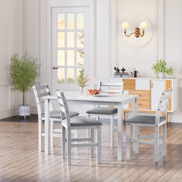5-Piece Stylish Dining Table Set with 4 Upholstered Chairs, Ladder Back Design, Gray Cushion - White