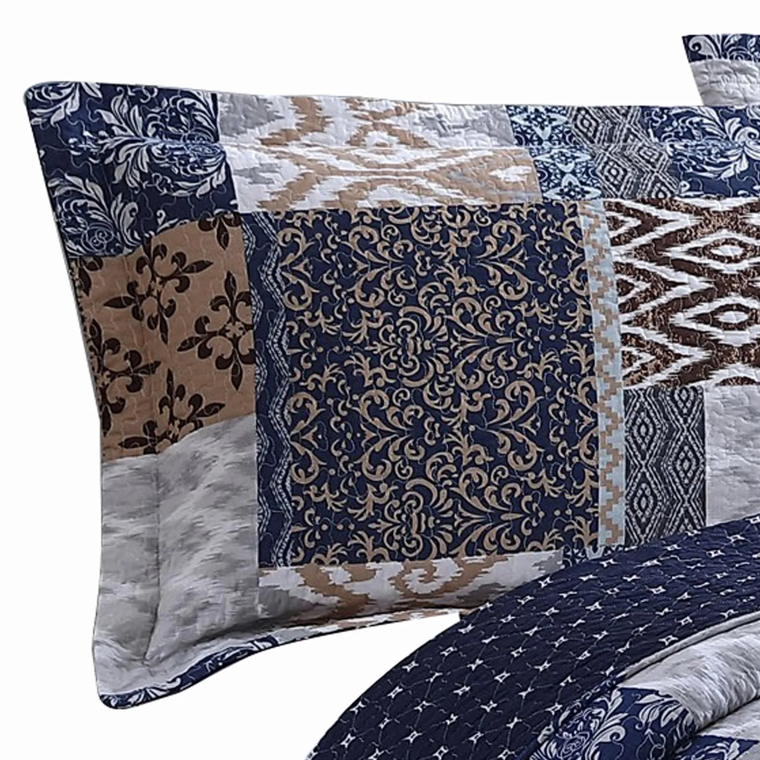2xMai-3-Piece-King-Cotton-Quilt-Set-Patchwork-Reversible-Blue-Rust-Brown_1