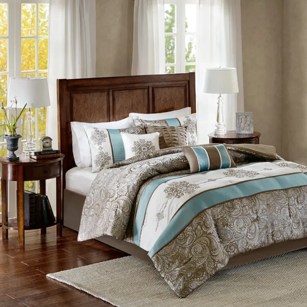 Caroline Traditional Jacquard 7 Piece Comforter Set - Elegant Paisley Design with Decorative Pillows