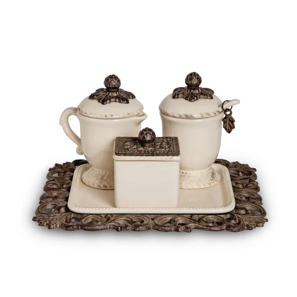 Acanthus Stoneware Coffee Service Set - Elegant Cream Ceramic with Metal Tray for Tea & Coffee Time