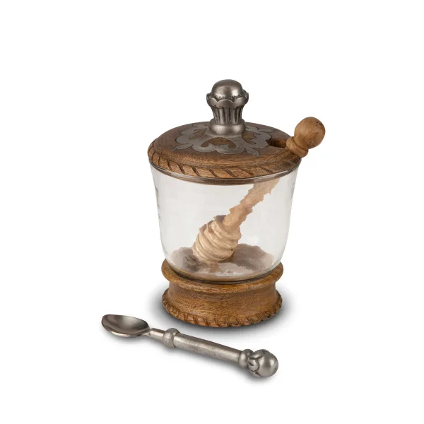 Heritage Inlay Wood Honey Jar Set with Server & Spoon - Elegant Condiment Serving Piece, 3 pcs