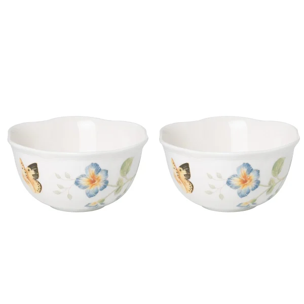 Butterfly Meadow Porcelain Dessert Bowl Set, Scalloped Rim, Garden Illustrations - 2 Pieces