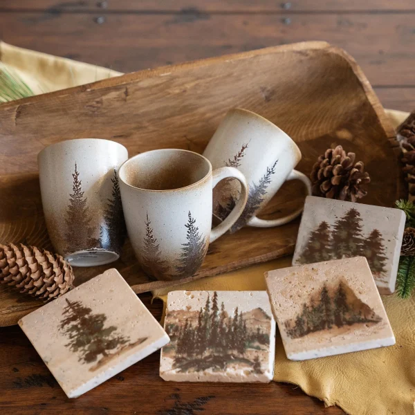 Clearwater Rustic Mug & Coaster Set - Winter Pine Tree Design for Cozy Dining Experiences