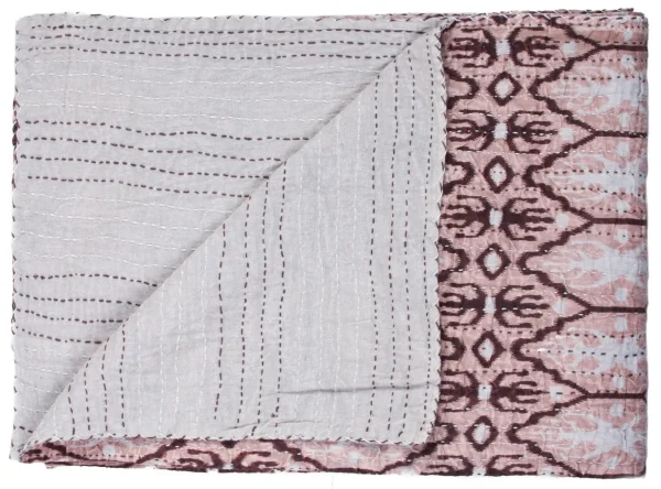 50 Stylish Pink and Brown Kantha Cotton Abstract Throw Blanket with Embroidery for Home Decor
