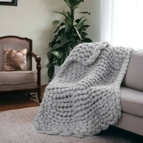 50 x 60 Light Gray Boho Chunky Knit Throw Blanket - Soft, Cozy Decor for Stylish Living Spaces