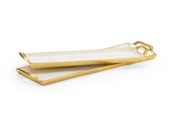 White Enamel Trays Set of 2 - Large & Small Decorative Trays with Gold Accents for Stylish Home Decor