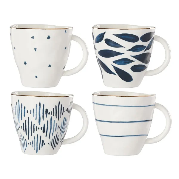 Blue Bay Porcelain Dessert Mug Set, 4-Piece with Gold Trim, Dishwasher & Microwave Safe