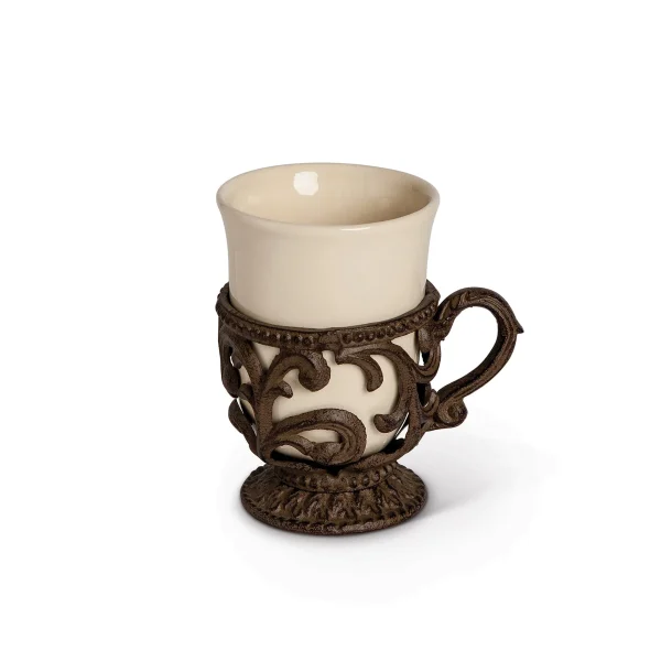 Acanthus Stoneware Coffee Mugs Set of 4 - Elegant Handcrafted Design with Cream Ceramic Holders