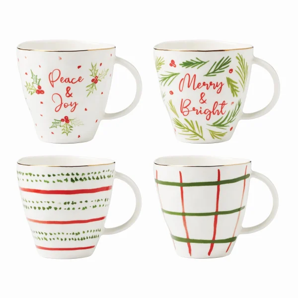 Bayberry Porcelain Mugs Set - 4 Festive Holiday Patterns, Dishwasher & Microwave Safe