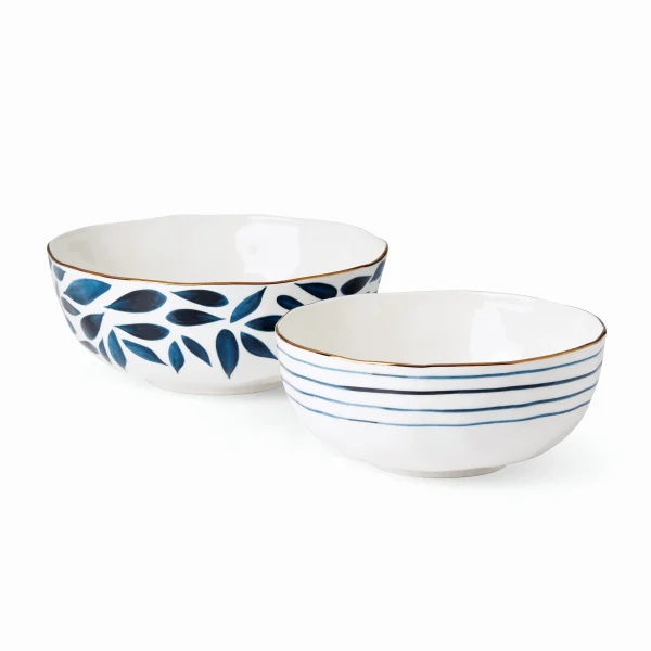 Blue Bay Porcelain Nesting Bowl Set with Gold Trim, Dishwasher & Microwave Safe