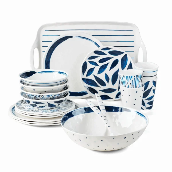 Blue Bay 20-Piece Melamine Dinnerware Set, Artisan Design, Dishwasher Safe