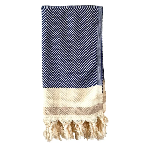59 Blue and Beige Cotton Striped Throw Blanket with Tassels - Luxurious Reversible Comfort!
