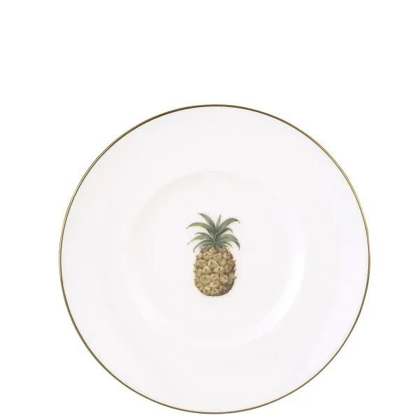 British Colonial Bamboo Dessert Plate: Pineapple Design, Gold Trim, Porcelain