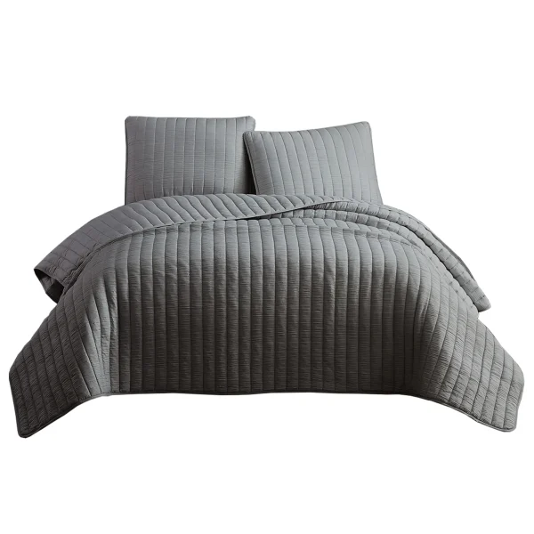 3 Piece Crinkles King Size Coverlet Set with Vertical Stitching, Gray