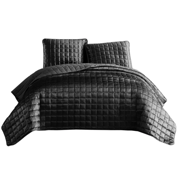 3 Piece King Size Coverlet Set with Stitched Square Pattern, Dark Gray