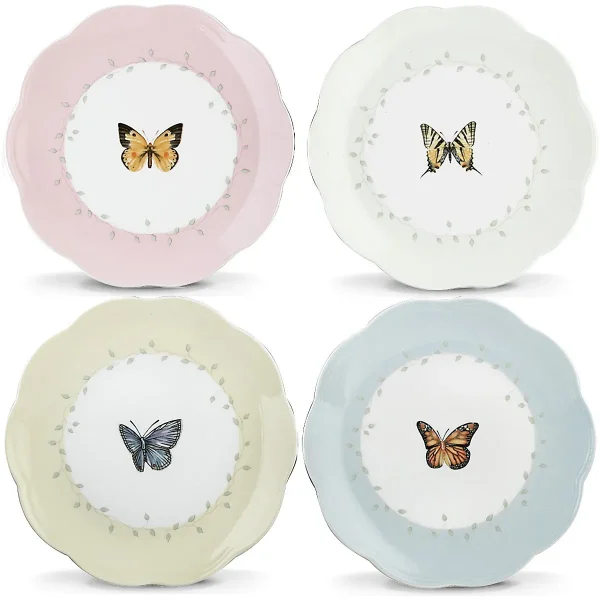 Butterfly Meadow 4-Pc Porcelain Dessert Plate Set, Microwave & Dishwasher Safe